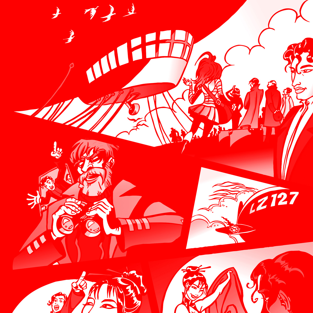 181012_1928_ZEPPELIN_COMIC_1200x1200px Ausschnitt eines Mangas, dass die Rettung des Luftschiffes LZ127 mittels zusammengenähter Zoeppritz Decken zeigt.