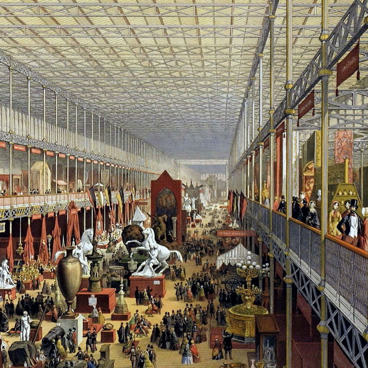 181012_WELTAUSSTELLUNG_1200x1200px.jpg gemalte Szenerie der Weltausstellung, die das bunte Treiben zeigt.